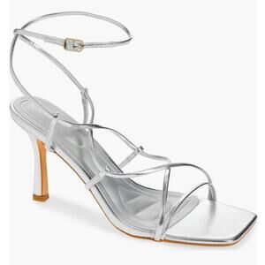 Azalea Wang Kaylin Silver Faux Vegan Leather Strappy Ankle Wrap Stiletto Heels